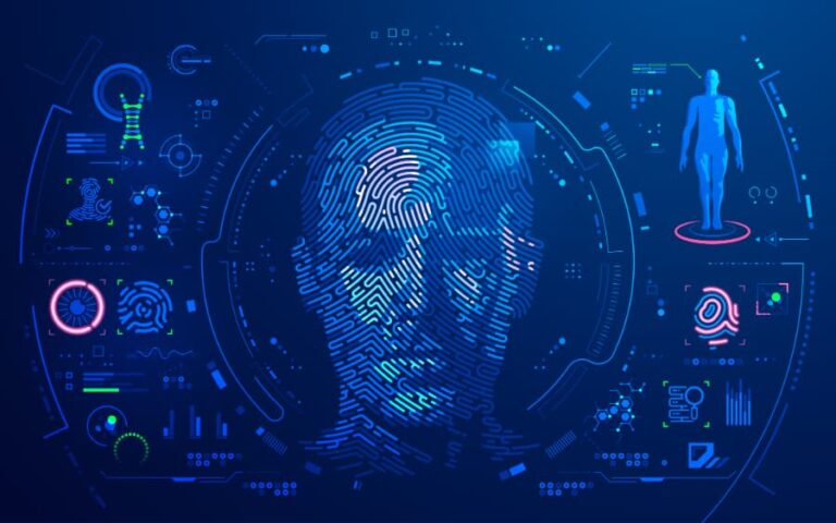 Concept of digital forensics and human face combined with fingerprint pattern and interface